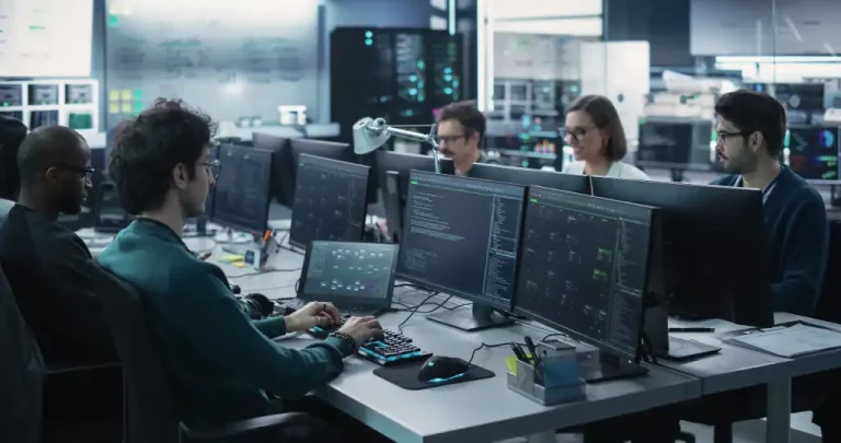 Team of engineers coding at desks with multiple monitors in a server room by dim blue lighting in the background.