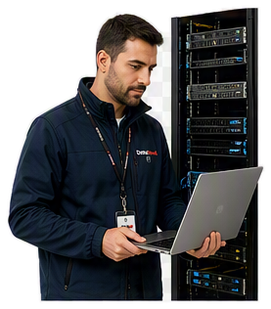 An IT technician is standing next to a server rack, using a laptop to check the equipment.