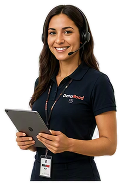 A customer service representative wearing a headset and holding a tablet, ready to help.