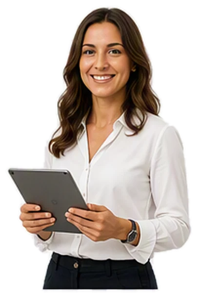 Femme souriante en chemisier blanc tenant une tablette numérique, regardant vers la caméra.