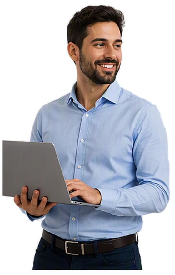 Man in a light blue button-down shirt holds a silver laptop, looking to the right and smiling in a professional setting.